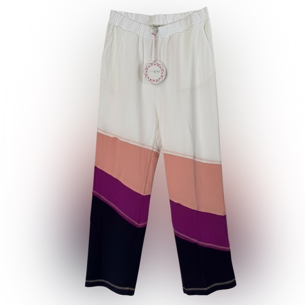 Umgee White Sweatpants Colorblock 100% Cotton Magenta Mix